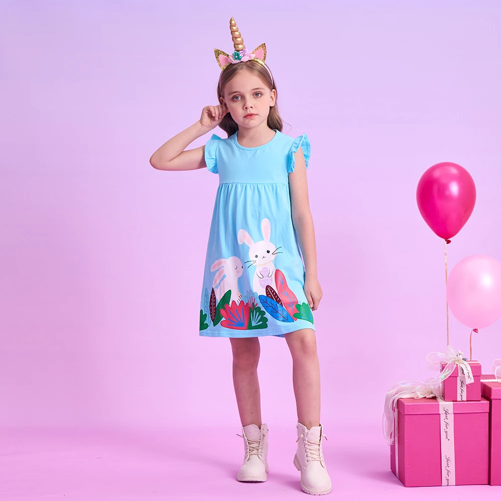 DXTON Baby Girls Summer Dresses Rabbit Cartoon Children Clothing Floral Cotton Toddlers Casual Sleeveless Dress Costume 3-12Y