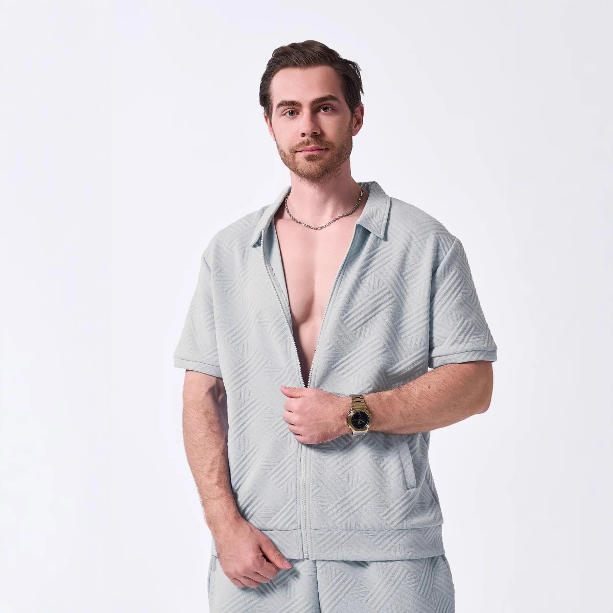 

Nice Summer New Men's Loose Solid Color Jacquard Zipper Pocket Cardigan Outdoor Casual Jacket