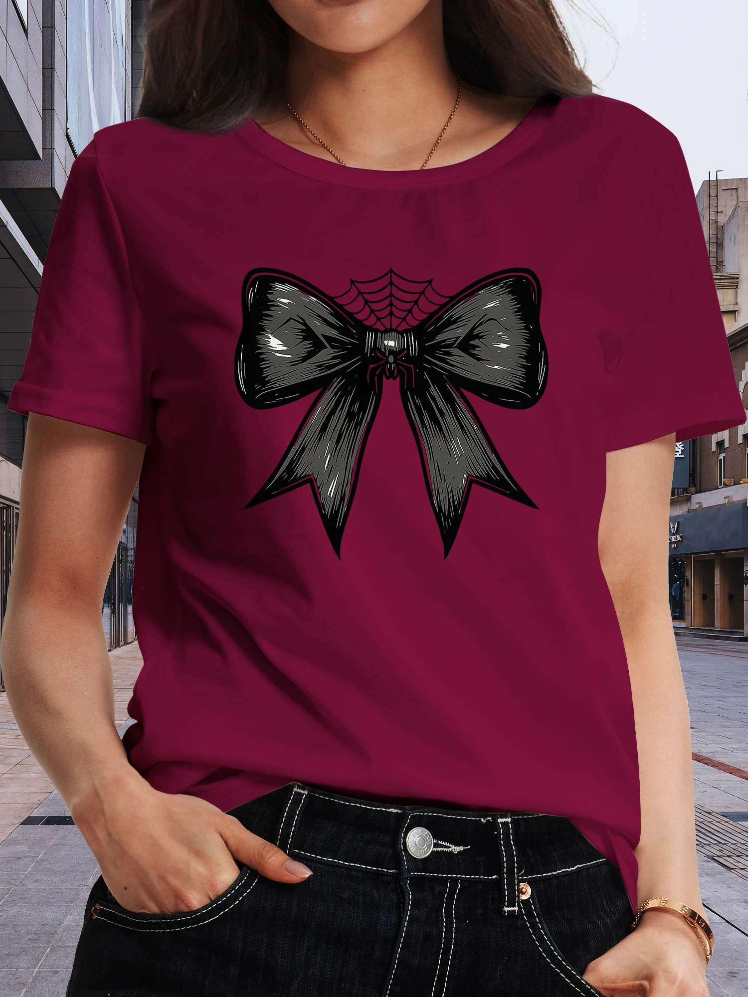 Women'S Spider Bow Halloween T-Shirt - Burgundy Spider Graphic Tee, Soft Stretchy Fabric for Halloween Party Outfits