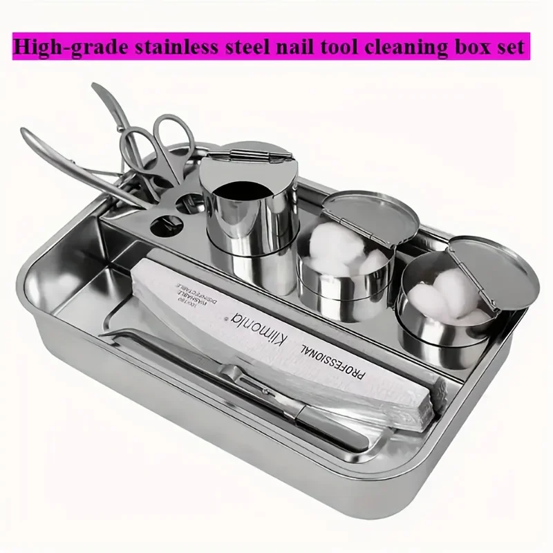 

1/4pc Set Stainless Steel Nail Tool Organizer Set with Cleaning Accessories, Manicure and Nail Art Equipment Storage Tray Set