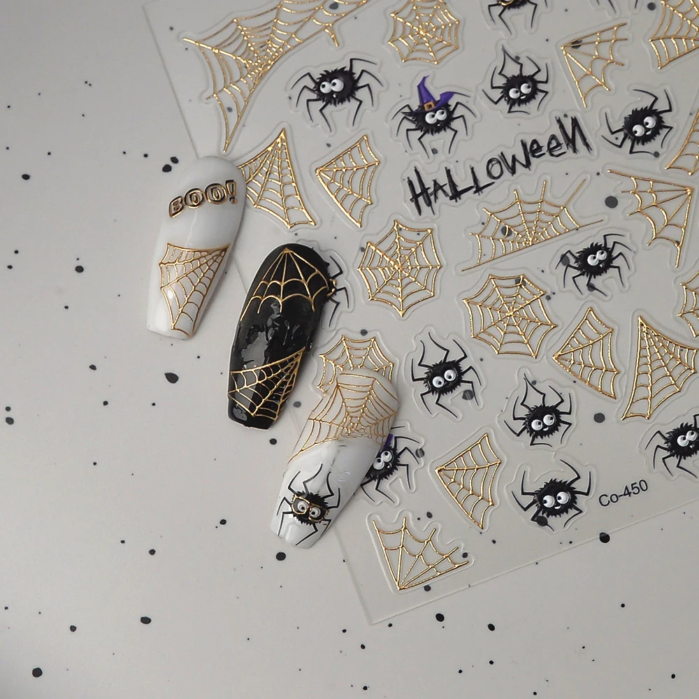 สติกเกอร์ติดเล็บลายใยแมงมุมโลหะสำหรับตกแต่งเล็บทำเอง DIY ฮาโลวีน สีทอง ลายนูน 5D สไตล์ Y2K สำหรับตกแต่งเล็บที่บ้านสำหรับสาวๆ