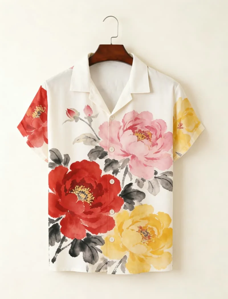 

Men's Casual Ink Wash Print Short Sleeve Shirt - Cityscape Crane Deer Flower Print Casual Top For Summer Vacation Streetwear