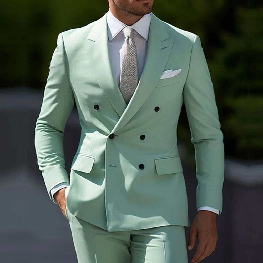 

Mint Green Men's Suits Wedding Blazer Slim Fit Double Breasted Peak Lapel Formal Occasion 2 Piece Jacket Pants Business Clothing