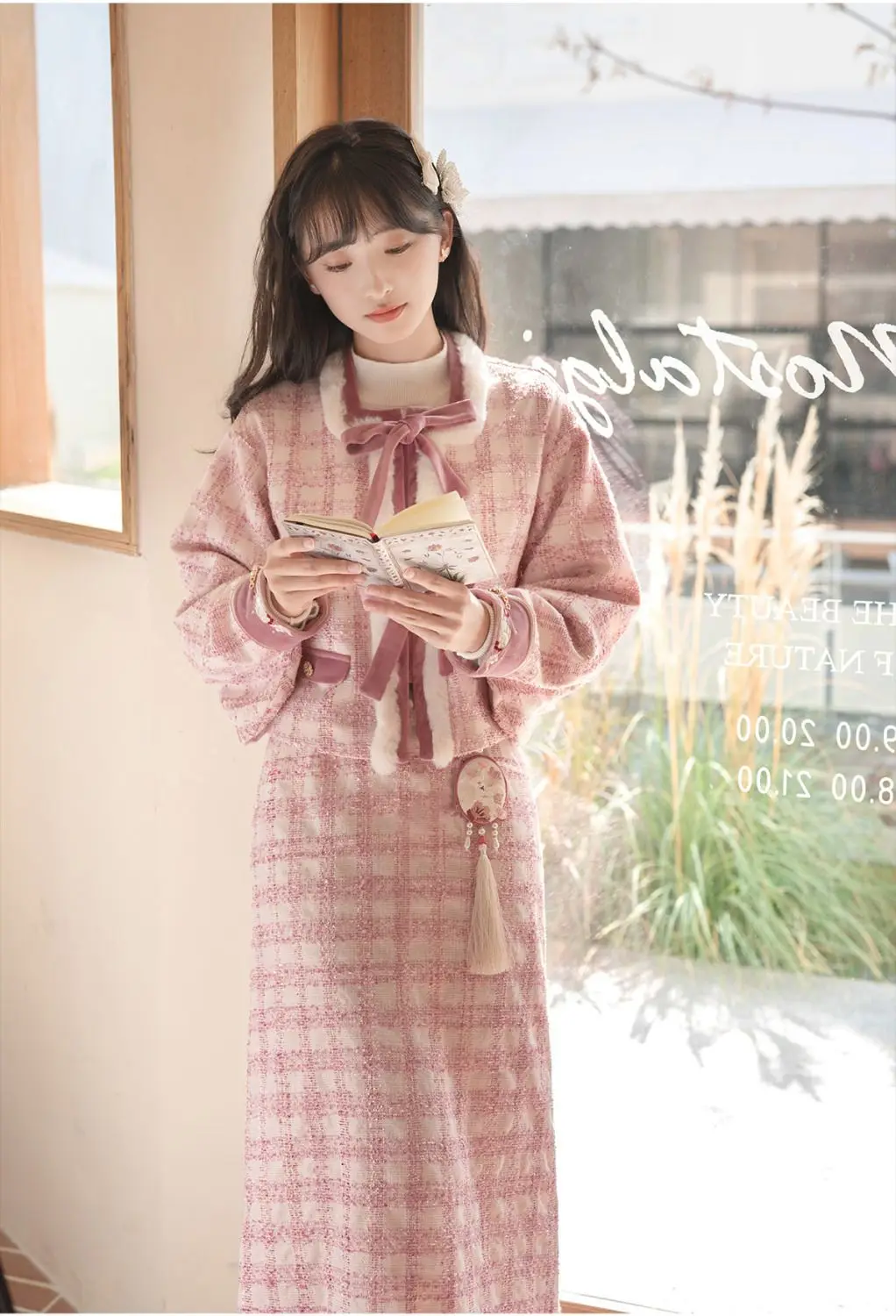 Korea Suit Winter New Plaid Square Collar Front Coat And Skirt Suit Conjuntos Mujer Dos Piezas De Vestir Festival Outfit