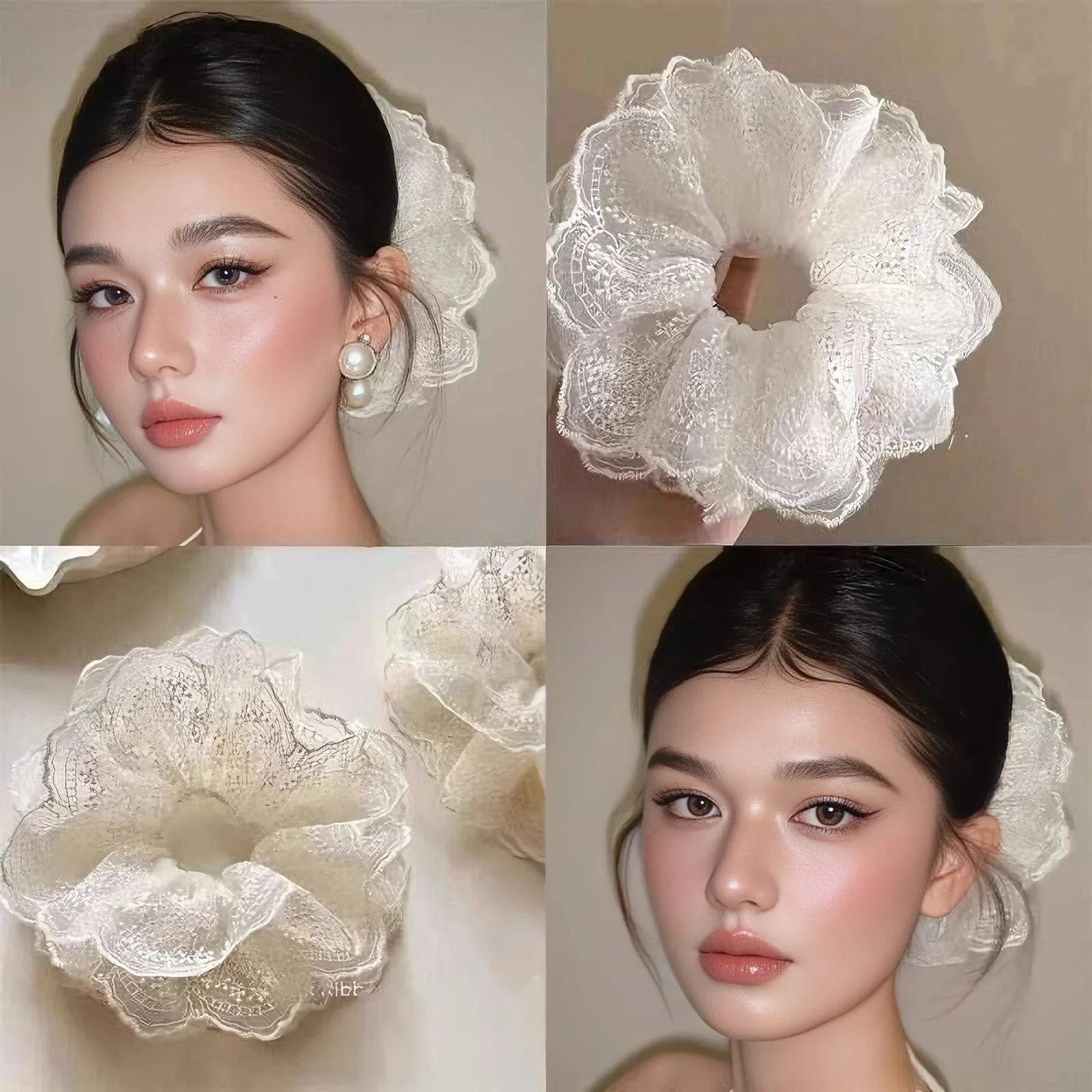 الباليه نمط الأبيض الدانتيل Hairrope التطريز توك شعر كبير للنساء فتاة الحلو شبكة العصابات الشعر العلاقات الشعر ذيل حصان حامل