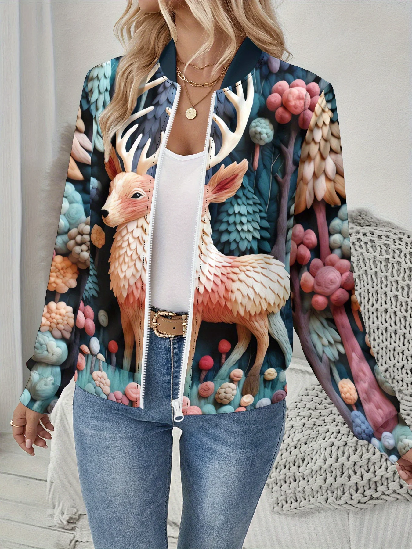 

Женская праздничная куртка с принтом оленей и рисунком рождественской елки, мягкая эластичная полиэстеровая смесь, повседневное пальто на молнии спереди