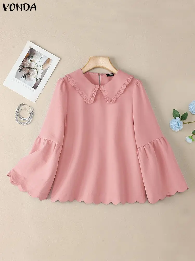 

Модная блузка VONDA 2025 года, женская однотонная рубашка с воротником Питера Пэна и длинными расклешенными рукавами, осенние повседневные топы-туники, свободные Blusas Femininas