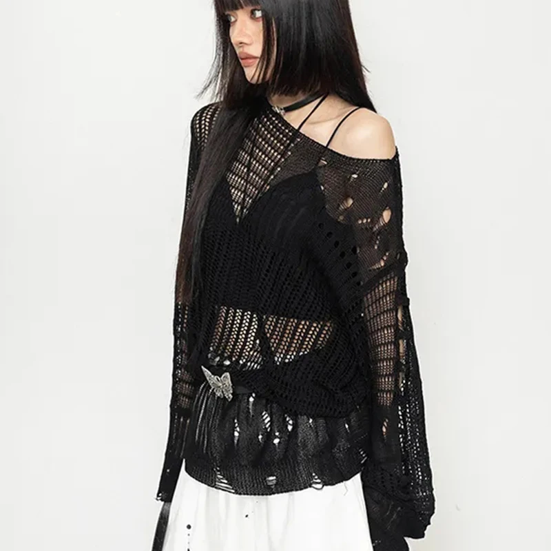 黒ニット中空アウトプルオーバー女性ブロークンホールセクシーなシースルーストラップレスセーター長袖ルーズ怠惰なストリートトップ