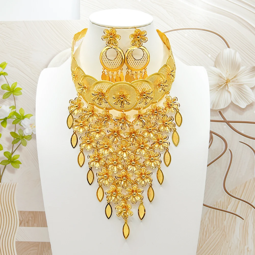 

African Classic Women Necklace Earrings 2Pcs Sets Luxury 24k Gold Color Jewelry Set Trendy Fashion Jewelry for Party Daily Gift