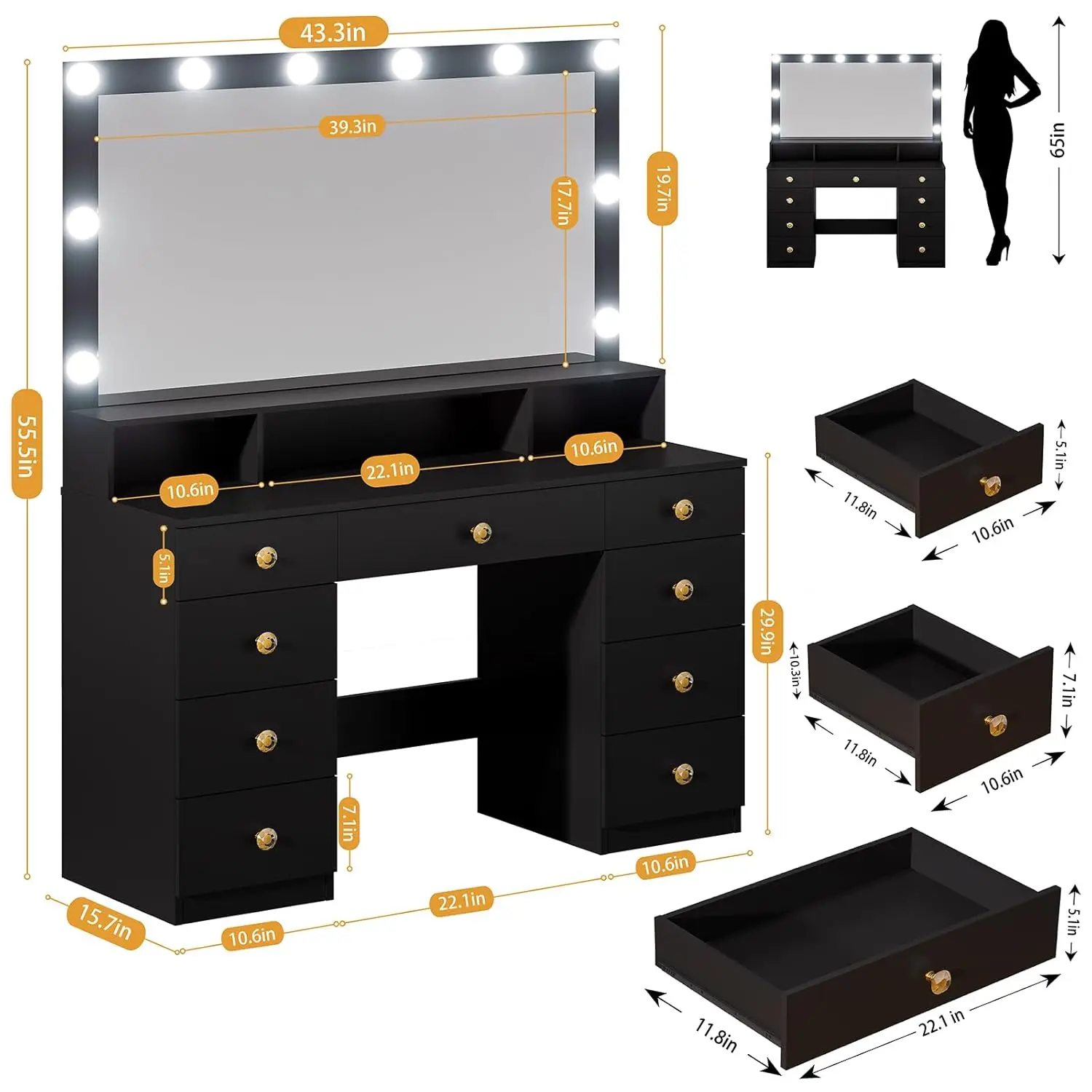 

new Vanity Desk with Large Mirror, Lights & Power Outlet, Black Makeup Vanity with 9 Drawers & Shelf Storage, Customized
