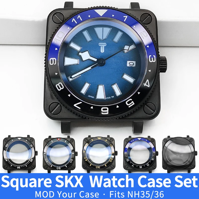 Square SKX Black Watch Case MOD NH35 NH36 4R36 Custom Stainless Steel Matte Bezel Crown Ceramic Insert Watches Cases Parts ﻿