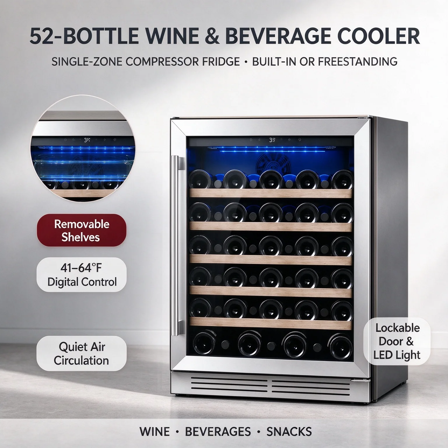52-Bottle Single Zone Wine Cooler, Under Counter Beverage Fridge with Digital Temp Control, UV Glass and Quiet Compressor, Perfect for Kitchen Bar Entertaining