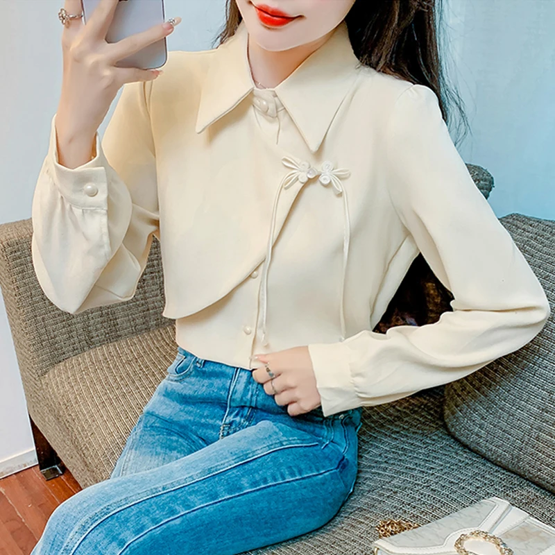 New Chinese women\'s clothingChinese style shir autumn andwinterthickened red shirt 2024 new design button up beautiful top