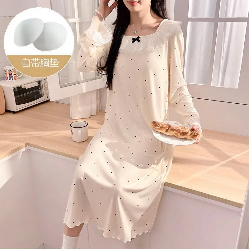 Hot Spring Autumn New Women Long Sleeved Medium Length with Chest Mat Sleepwear Soft Comfort Breath Home Clothes Sleeping Skirt