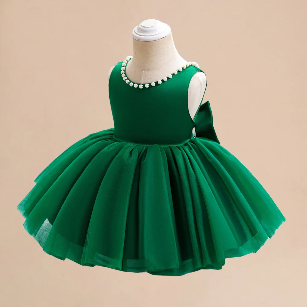 Kids Pearls Elegant Princess Girls Dress for Christmas Backless Bow Baby 1st Birthday Baptism Gown Wedding Party Dresses Evening