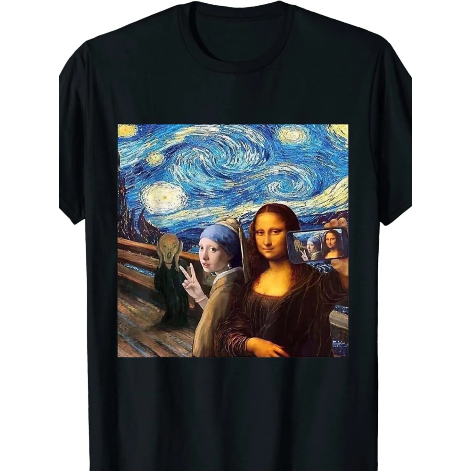 Art History Parody Graphic Tee Mona Lisa Girl with Pearl Earring The Scream Starry Night T-Shirt