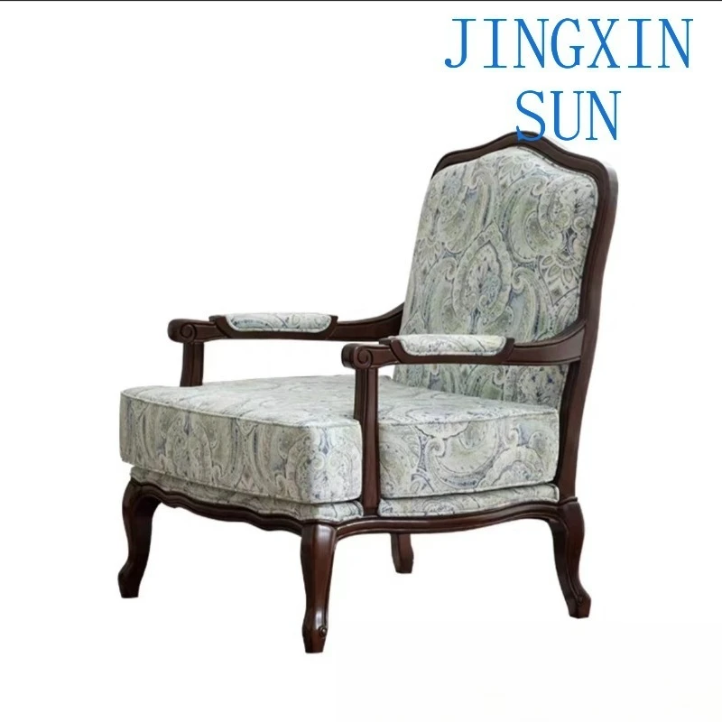 Single fabric sofa Solid wood cotton and linen armrest Tiger chair French living room Bedroom sofa chair