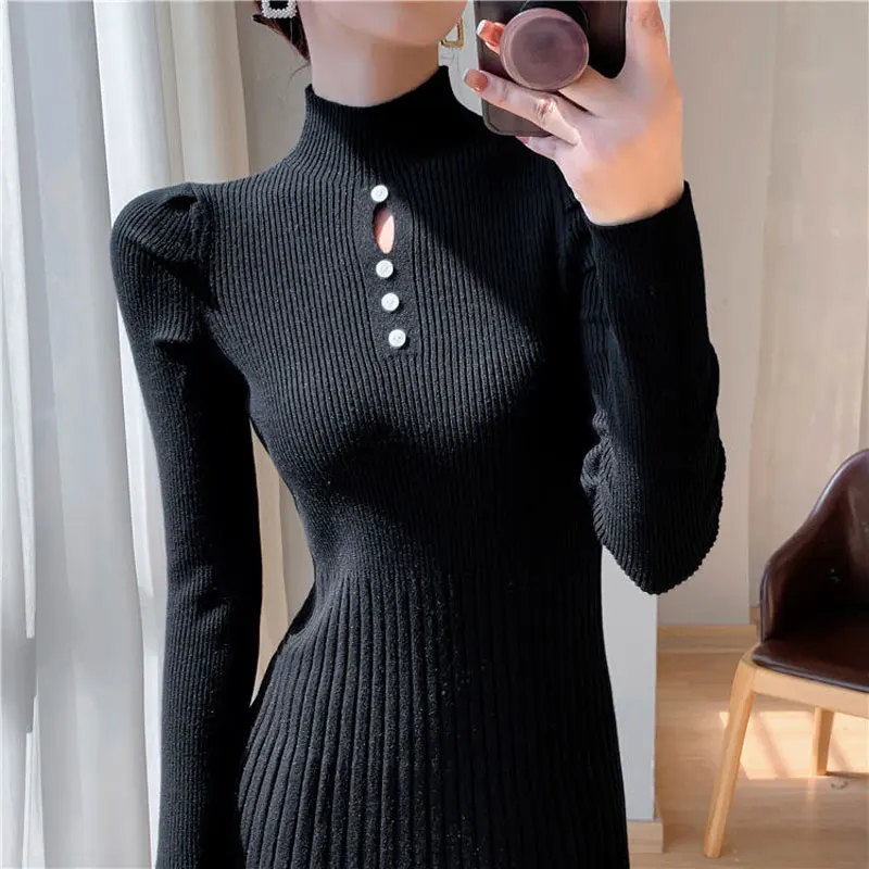 Aura Half High Collar Dresses Autumn Winter Basic Solid Color Female Clothing Chic Hollow Out Button A-Line Knitted Midi Dress