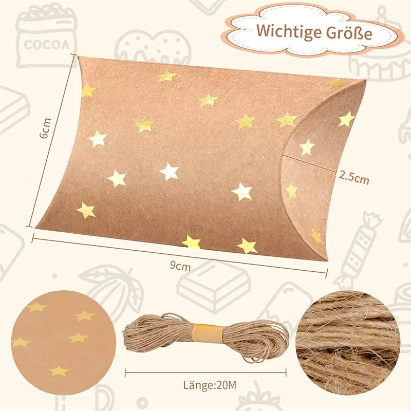 50 Stück kleine Geschenk-Kissenboxen aus Kraftpapier mit Juteschnur für Hochzeit, Neujahrsgeschenk und Geburtstagsparty-Geschenk – Detail 2