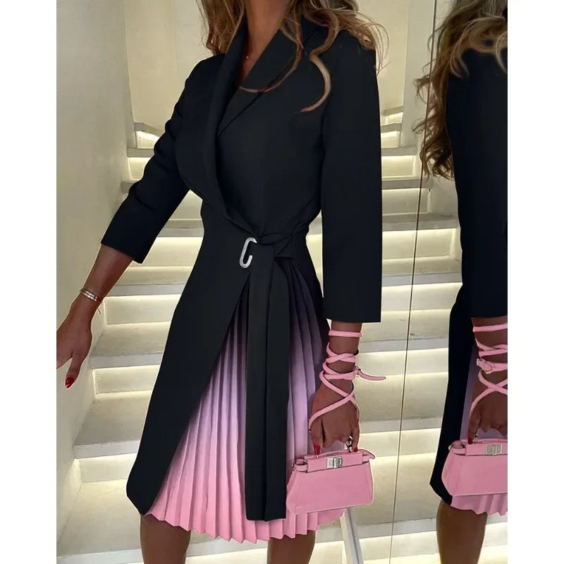 Autumn Commuter Women\'s Dress with Polo Neck Long Sleeves Fashionable Tie Up Waist Dress Colorful Tie Dye Pressed Pleated Dress