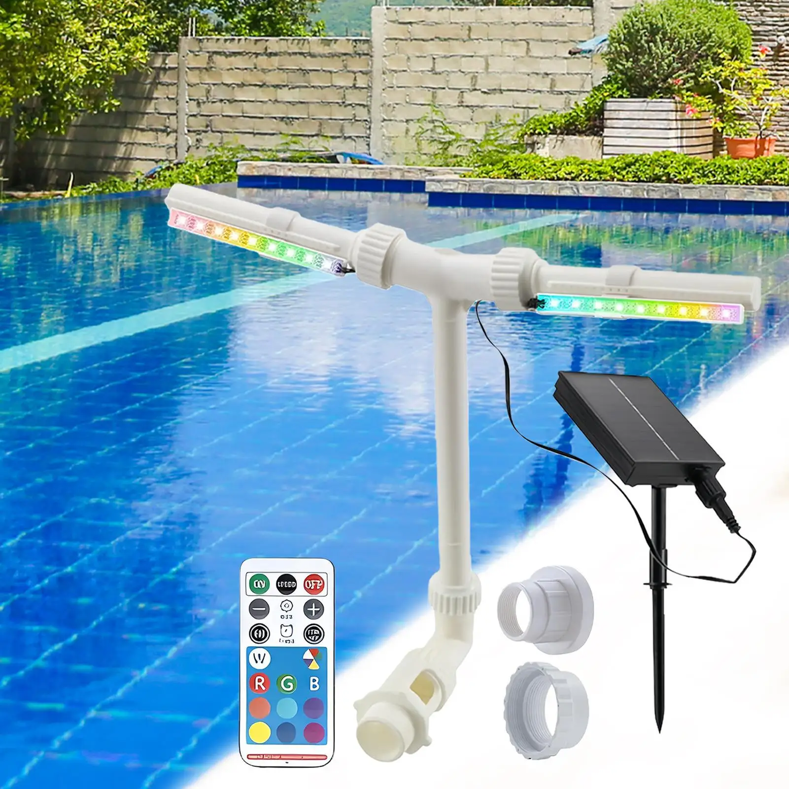 

Solar Powered Pool Fountain Double Spray Sprinkler Adjustable 7-color LED Light Double Spray Solar Pond Fountain For Pond Patio