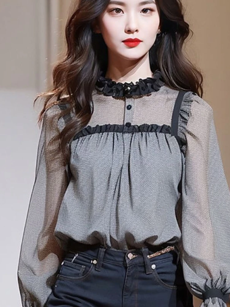 

French Vintage Shirts O Neck Puff Sleeve Ruffles Patchwork Pleated Blouses Spring Summer Design All Match 2025 Women's Clothing