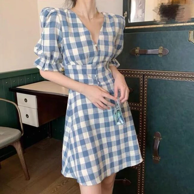 

Sweet Summer Plaid Dress 2023 Women Cute Puff Sleeve Cottagecore Dress Harajuku Elegant V Neck Short Sleeve Dress with Button