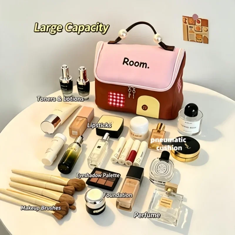 1 Stück kleine Kosmetiktasche im Hausdesign, große Kapazität mit Fächern, Handtasche mit doppeltem Reißverschluss, ideal zum Packen von Reisegepäck, tragbare Aufbewahrungstasche für Reisen. – Detail 2