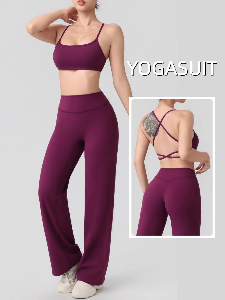 Women Gym Sports Yoga Suit Sexy Beautiful Back Yoga Underwear with Chest Pad Solid Color High Waisted Wide Leg Pants Yoga Set