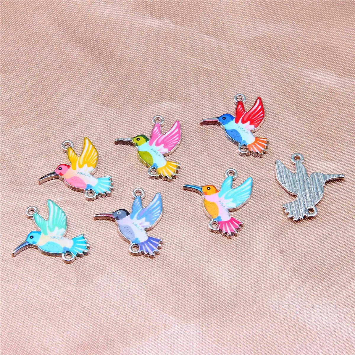 10pcs Painted Colorful Pigeon Little Hummingbird Double Hanging Connector Pendant DIY Oil Drop Making Bracelet Accessories