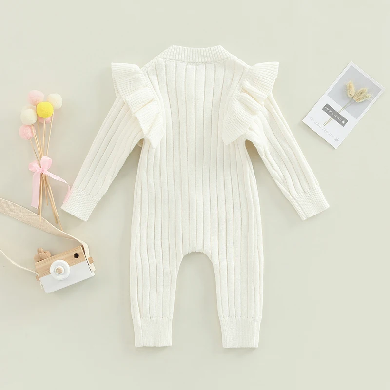 2022-07-08 Lioraitiin 0-18M Baby Girl’s Knitted Long Sleeve Jumpsuit Fashion Solid Round Neck Button Casual Long Romper