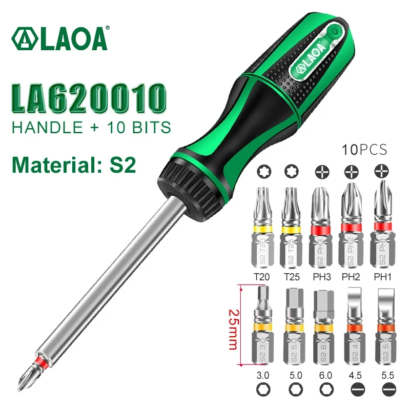 

LAOA 10 in 1 Ratchet Screwdriver with 10pcs Phillips Slotted Torx Screwdrivers Hexagon Bits Set S2 Screw Driver Hand Tools kit