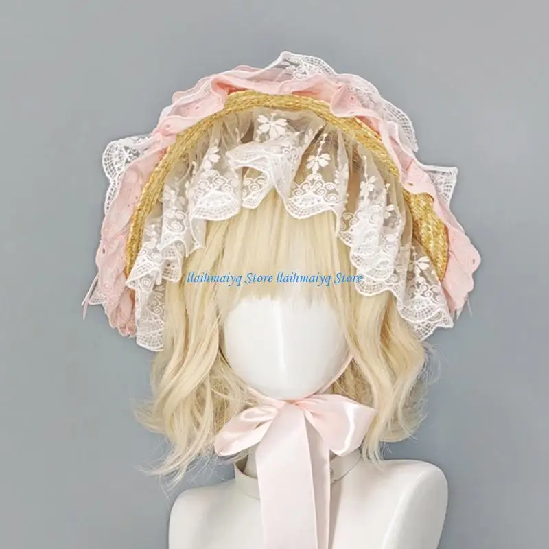 

573B Traditional Straw Bonnet Hat Soft Comfortable Flat Hat with Lace Bowknot Design For Women Daily Use and Formal Occasion