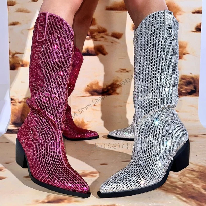 Multi Colors Rhinestone Decor Pointed Toe Boots Slip On Women Shoes Chunky High Heels Fashion Banquet 2023 Zapatos Para Mujere