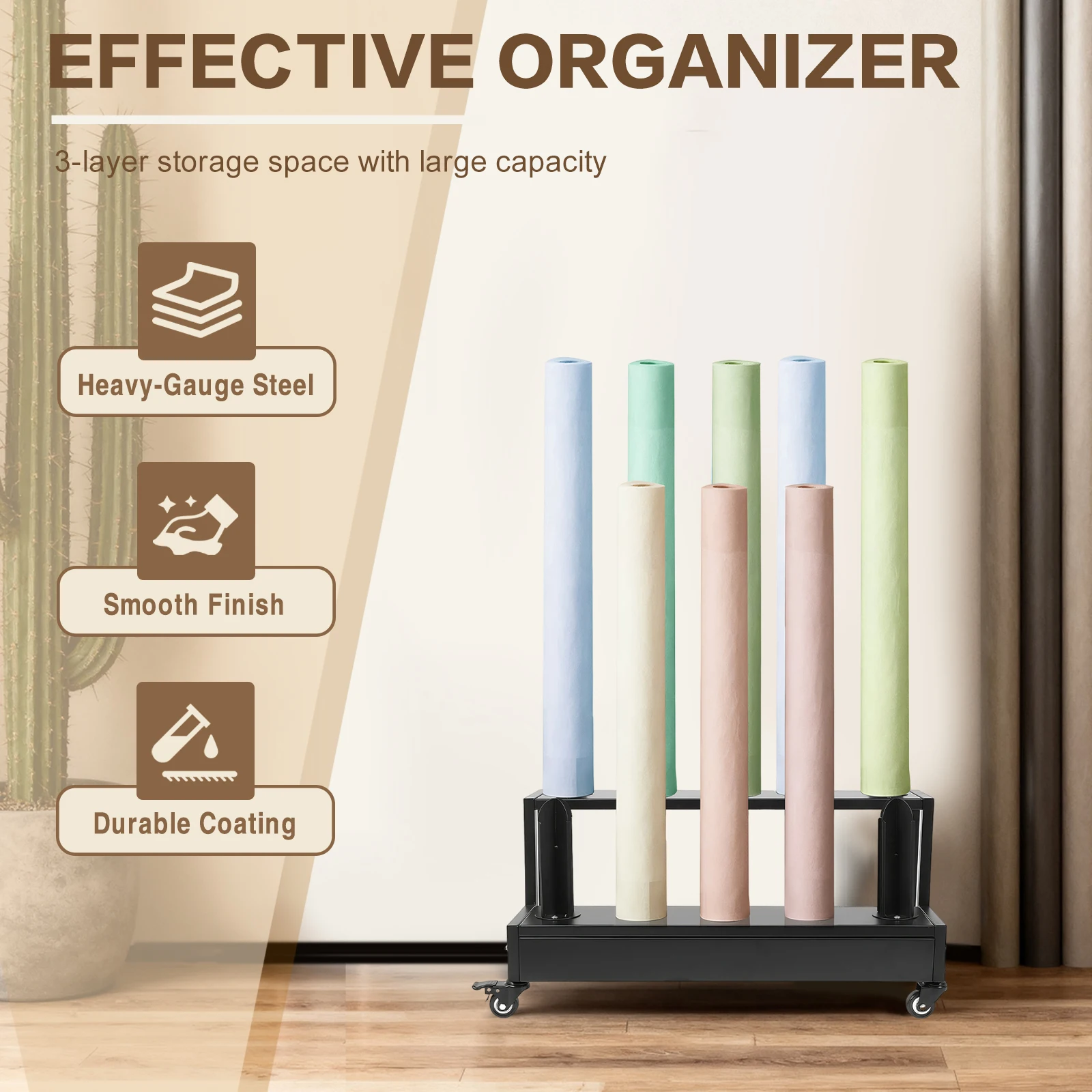 

3/2 Tier Commercial Textile Fabric Roll Holder with Wheels Heavy Duty Metal Display Stand for Curtain/Wallpaper/Tablecloth