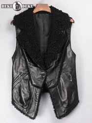 Women Sheepskin Genuine Leather Vest Fashion Tank Jacket Faux Fur Collar Slim FIt Single Button Ladies High Street Waistcoat
