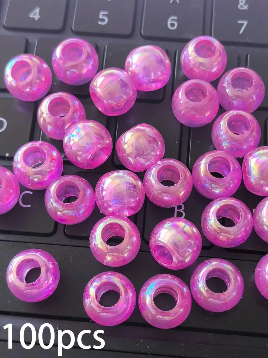 

100pcs Iridescent Pink Acrylic Round Hair Beads For Dreadlocks Braids Ponytail Decor