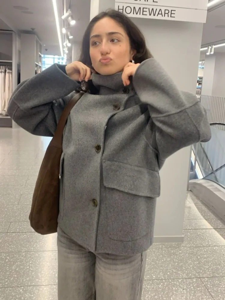 Elegantní vlněná bunda se stojáčkem pro ženy, jednořadé zapínání na knoflíky, kapsy, kabát, dámský kabát, podzim/zima 2025, pouliční elegantní svrchní oblečení - náhled 5