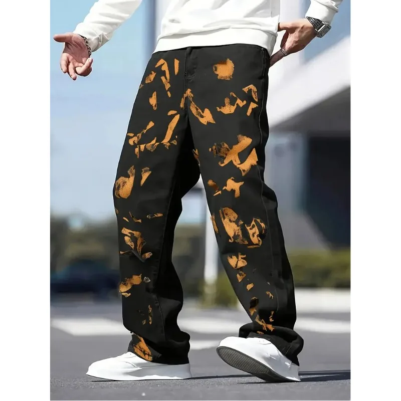 

Мужские модные черные широкие джинсы с принтом, мешковатые брюки со стразами, джинсы люксового бренда, мужская одежда, уличная мужская одежда