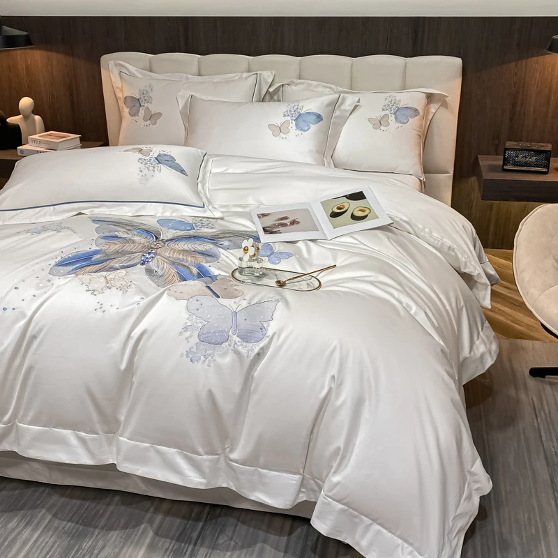 Cream White Luxury Bedding Set 1000TC Egyptian Cotton Butterfly Embroidery Duvet cover Bed Sheet Fitted Sheet Pillowcases 4Pcs