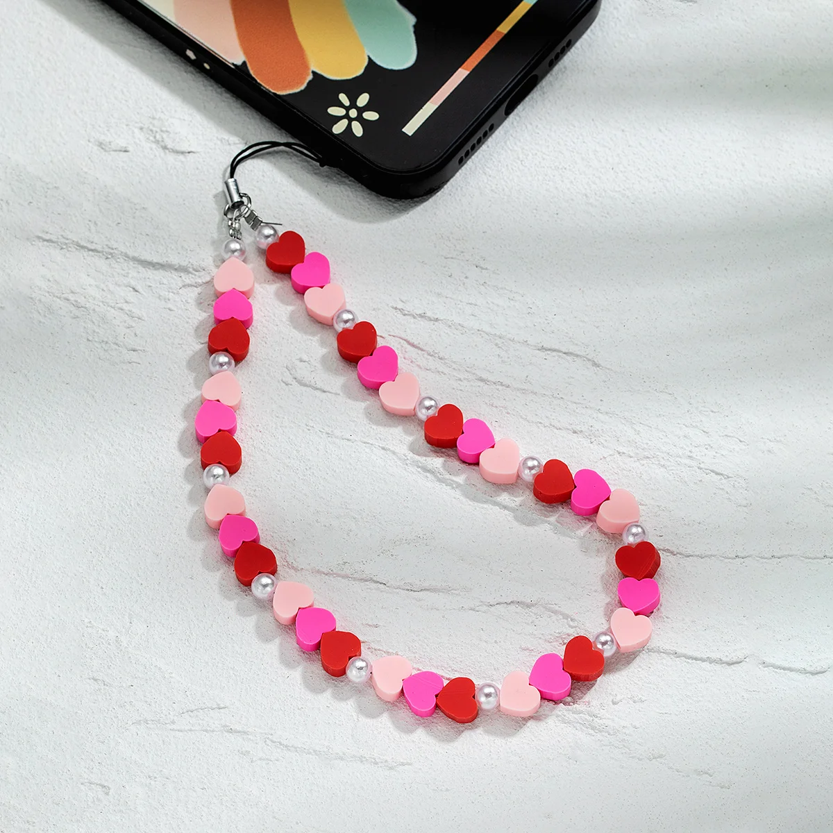 Sweet Fashion Pink Love Imitation Pearl Beaded Mobile Phone Chain Women Girls Rope Chain Practical Classic Accessories Jewelry