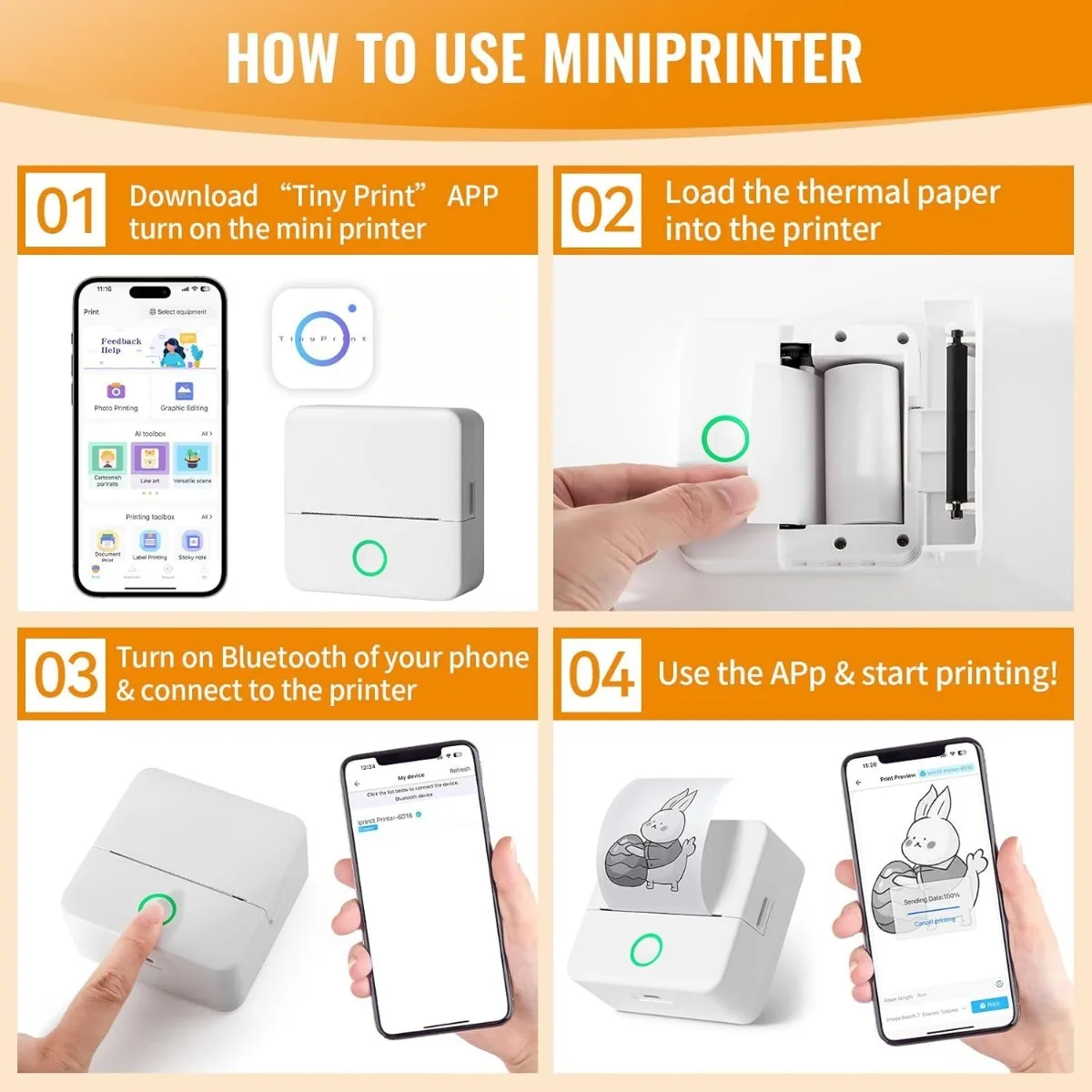 Mini Sticker Printer Bluetooth Smart Pocket Inkless Thermal Printer with Rolls Thermal Paper and Sticker for iOS&Android