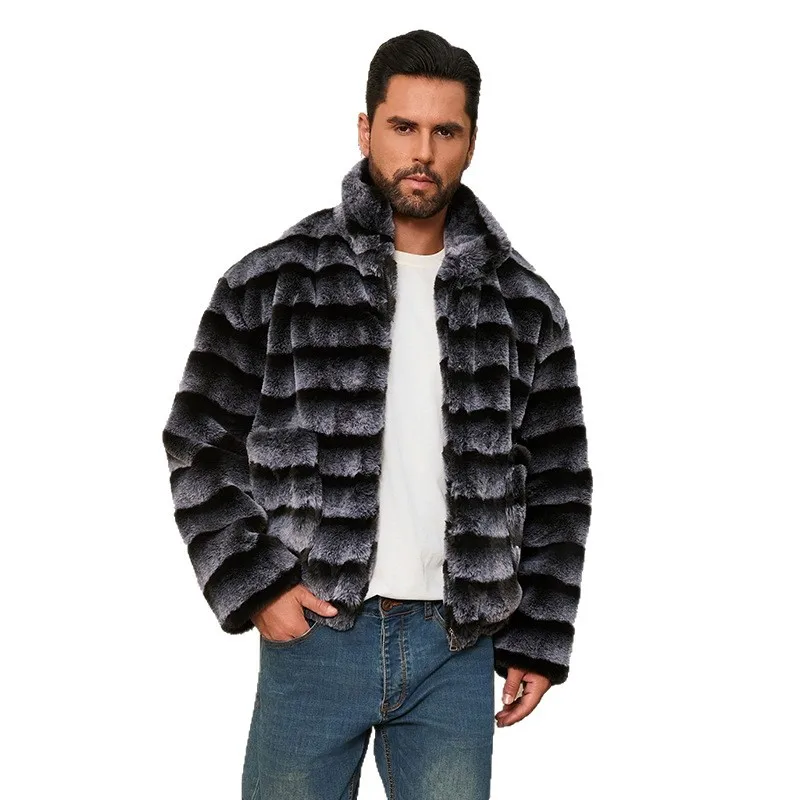 Men Fur Coat Winter Bomber Jacket Rabbit Fur Coat Luxury High Quality Faux Fur Jacket Zip Outerwear Stripe Short Tops Trendy New