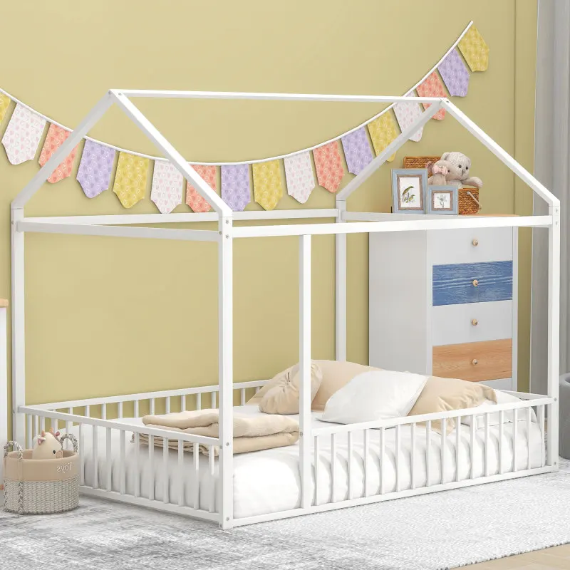 

Full Size Metal Bed House Bed Frame with Fence, for Kids, Teens, Girls, Boys,White