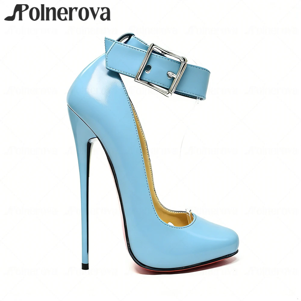 16cm Lacquered Heel Lock Pumps Round Toe Ankle Strap High Heels Sexy Style Buckle Stilettos Fetish Lock Custom Large Size Pumps