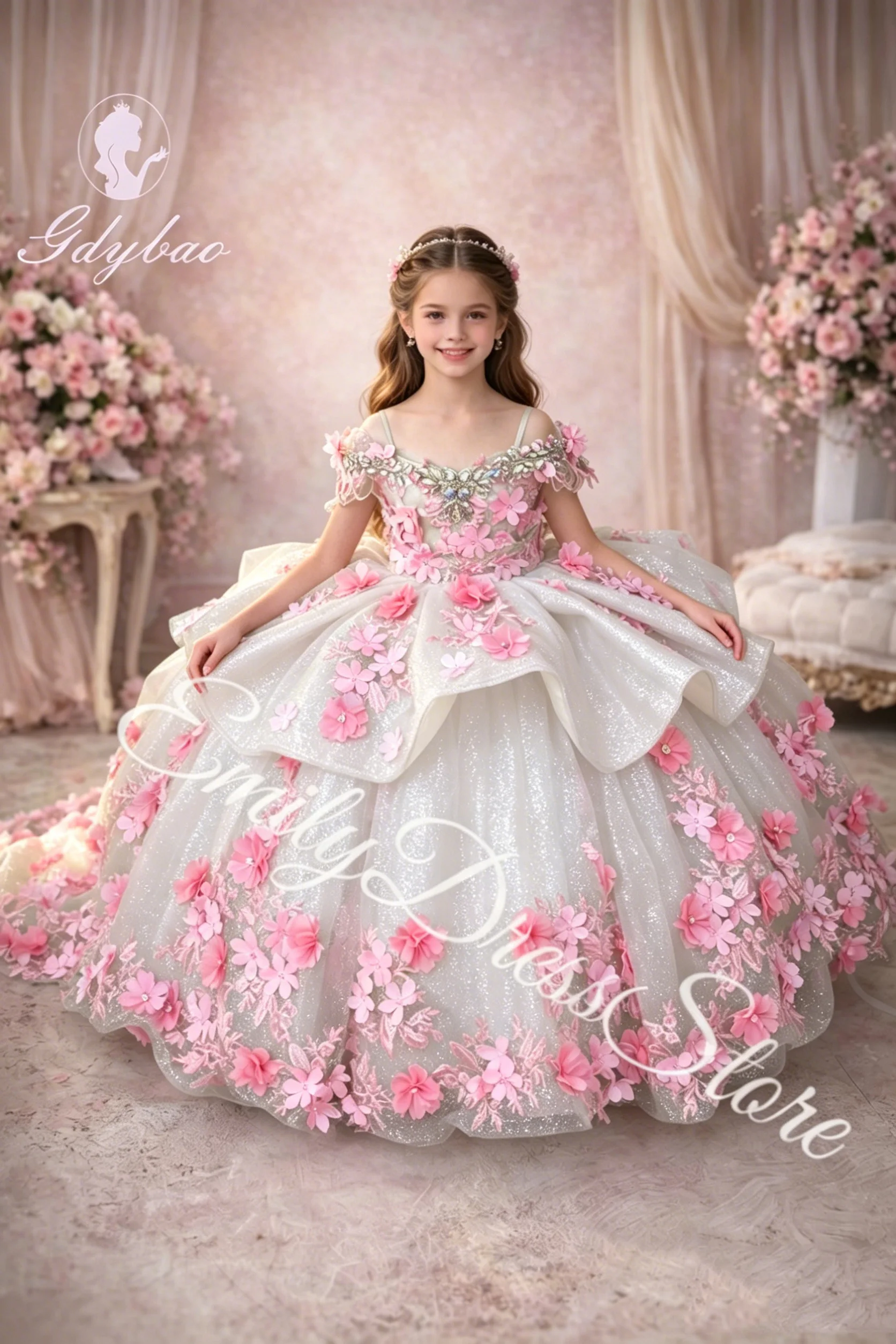 

Customized White Flower Girl Dress For Wedding Shining Lace Puffy Floor Length With Bow Kids Birthday First Communion Gown