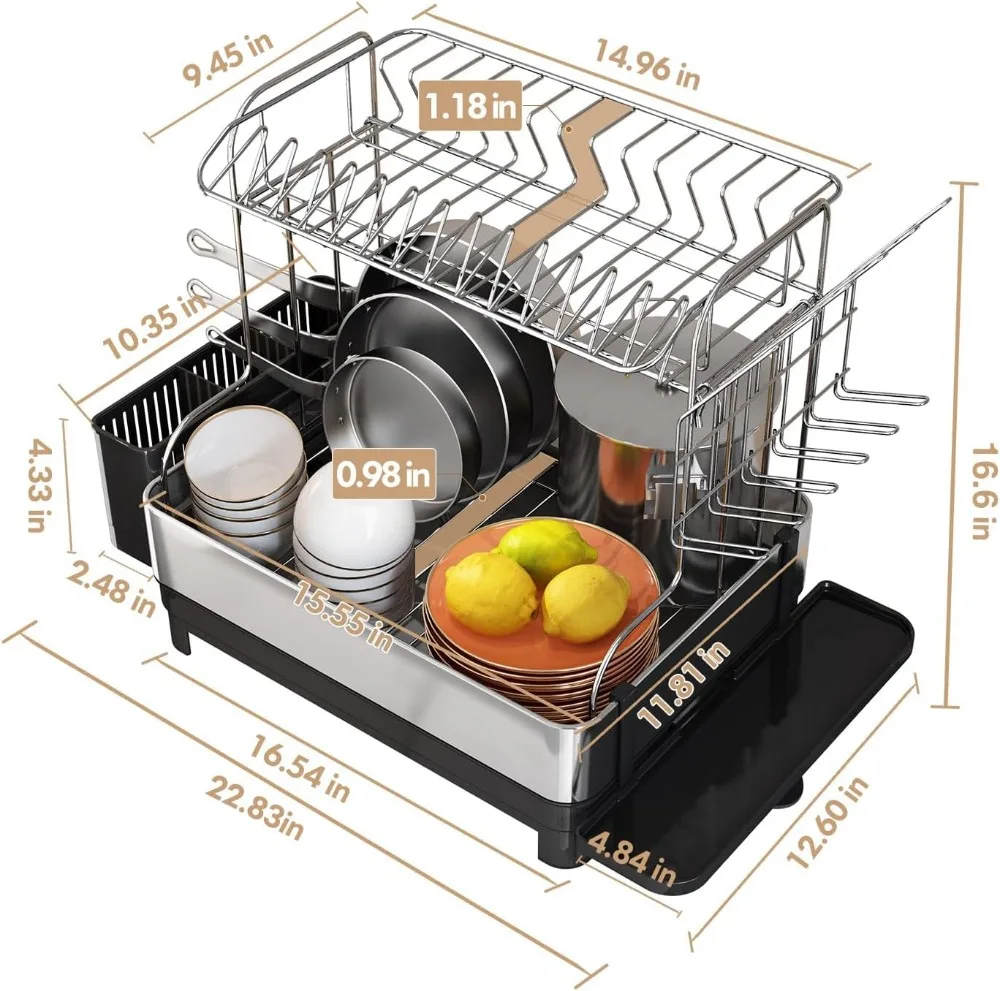 Romision Dish Rack and Drainboard Set, 304 Stainless Steel 2 Tier Large Dish Drying Rack with Swivel Spout