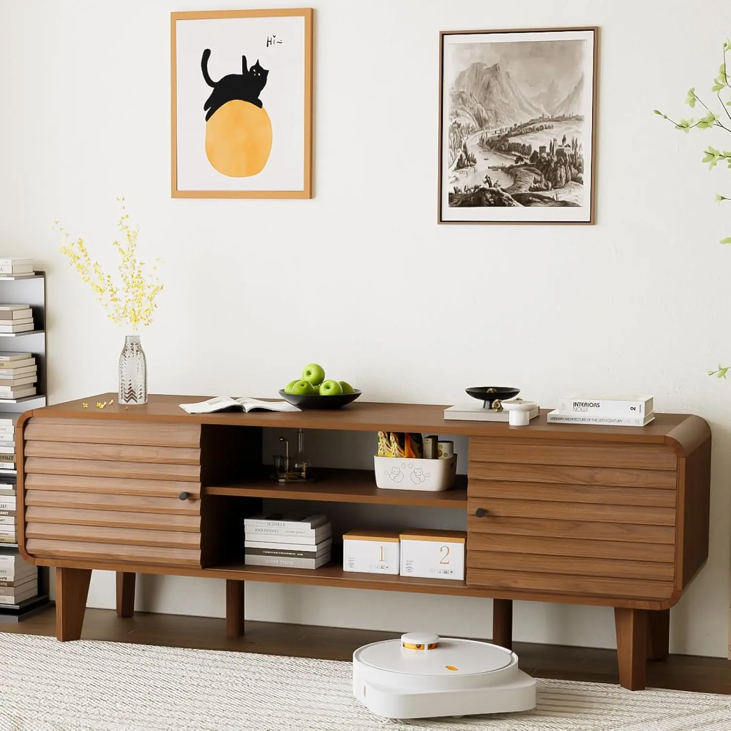 Mid Century Modern TV Stand With Sliding Doors & Storage For Living Room Bedroom, Fits 55 60 65 Inch TV, Walnut, Customized