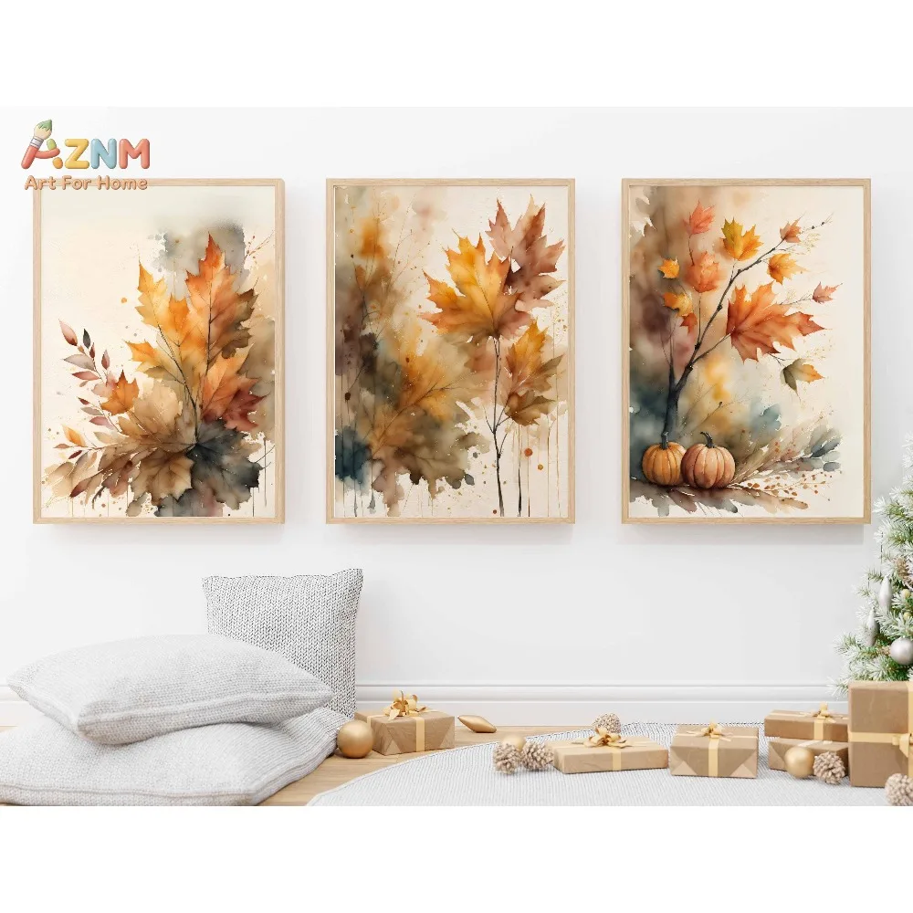 AZNM 3Pcs Watercolor Maple Leaf Pumpkin Canvas Wall Art, Warm Neutral Autumn Foliage Print Frameless Canvas Painting