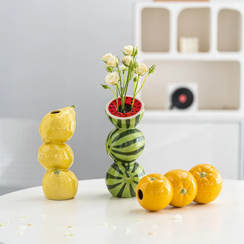 

Lemon Watermelon Three-Tier Ceramic Vase Simulation Fruit Creative Flower Arrangement Home Gardening Ornaments Decorations